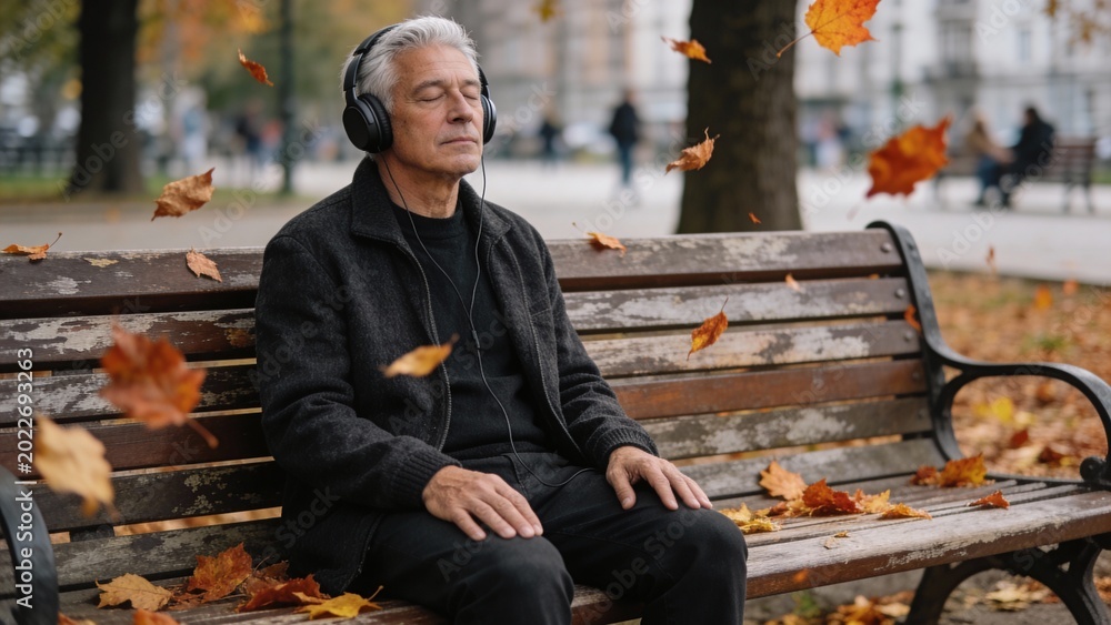Fototapeta premium A calm man sits on a wooden bench, wearing headphones, lost in a tranquil world as colorful autumn leaves swirl gently around him in the park.