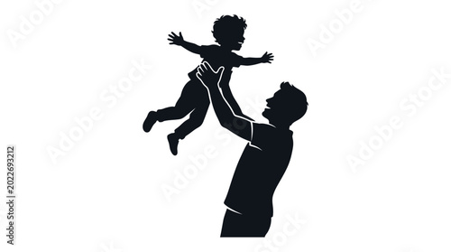Cuadro en lienzo Black silhouette, father and child, playful family, happy parenthood, vector ico