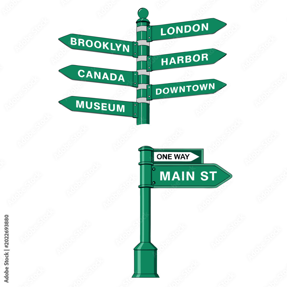 Fototapeta premium Modern green street sign vector illustration with directional arrows,