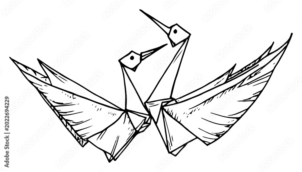 Obraz premium Origami paper cranes facing each other as a symbol of peace in hand drawn sketch style