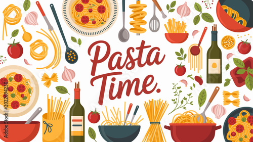 Bild auf Leinwand pasta time illustration with tomatoes wine and various pasta shapes on a white b