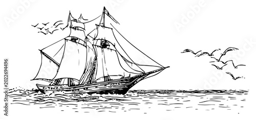 Foto Vintage sailing ship navigating ocean waves with seagulls in hand drawn engravin
