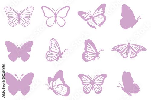 Collection of 12 Lavender Purple Butterfly Icons and Silhouettes in Flat Vector Style