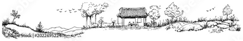 Foto Panoramic oriental landscape with traditional pavilion among trees and hills in