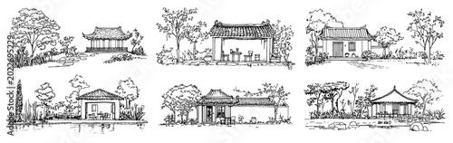 Bild auf Leinwand Traditional East Asian architecture pavilions and garden landscapes in hand draw