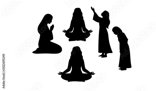 Foto Peaceful praying women vector illustration spiritual female collection isolated