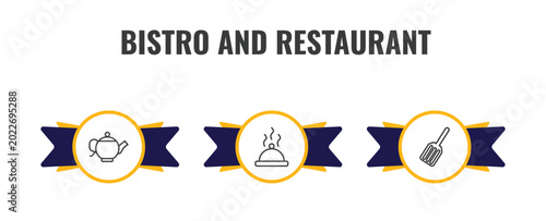 bistro and restaurant outline icon set. thin line vintage teapot, tray and cover, spatula utensil icons. editable vector