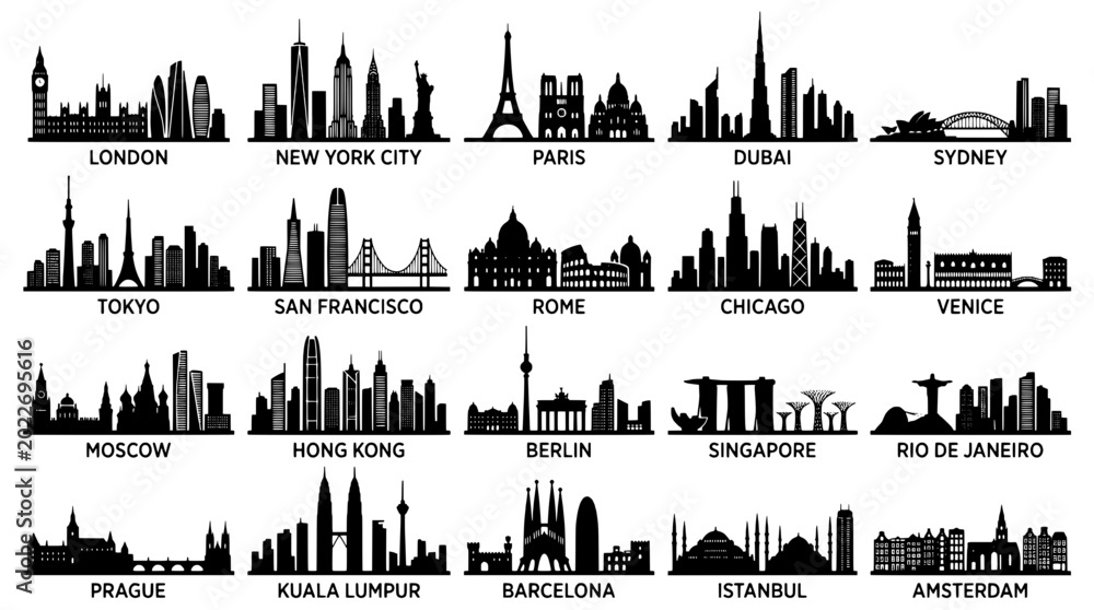 Obraz premium City skyline icons set with landmarks of London, New York, Paris, Dubai, Sydney and more for travel and tourism design