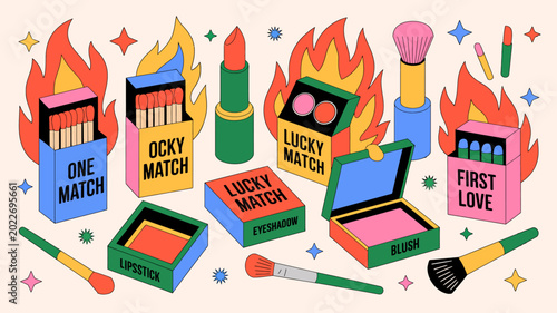 Cuadro en lienzo Colorful illustration of makeup products and matchboxes with flames whimsical st