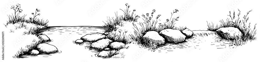 Obraz premium Riverbank landscape with rocks and wild grass in hand drawn sketch style