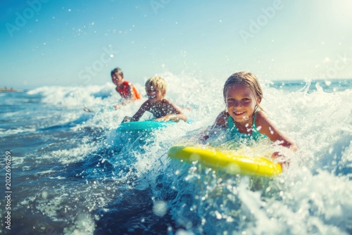 Kids and Parents Riding Gentle Waves on Bodyboards