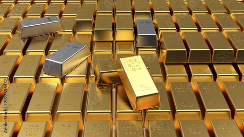 Rows of gold bars with a few silver ingots shifting and stacking across a reflective surface in a luxury wealth concept, 3D animation