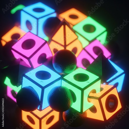 Glowing Cubes and Spheres - A Colorful Abstract Composition.