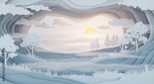 Serene Paper Cutout Landscape with Soft Lighting.