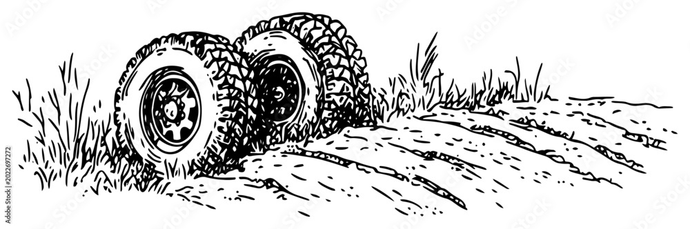 Fototapeta premium Off-road tires on muddy ground with grass and track marks in hand drawn sketch style