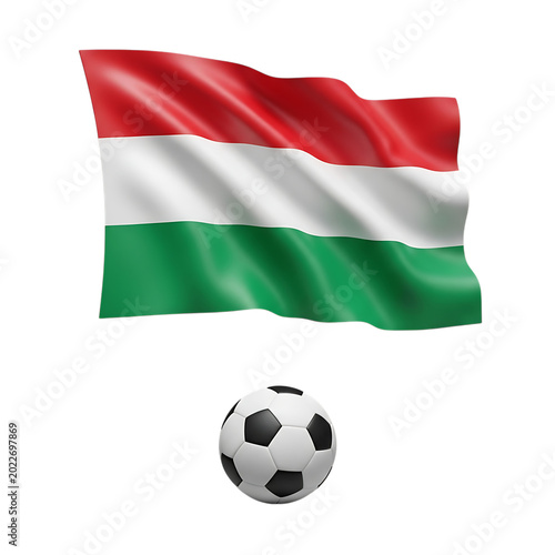 Hungary flag waving over soccer ball on grid background.