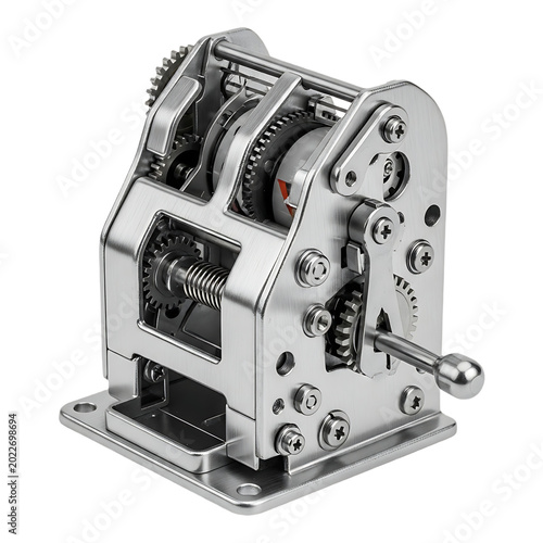 Intricate Precision Engineered Metallic Gear Mechanism Device Isolated on White Background