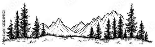 Foto Mountain range with pine forest and alpine peaks in vintage engraving style