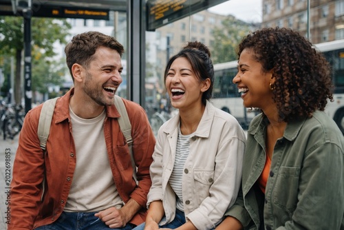 Happy friends laughing together at bus station