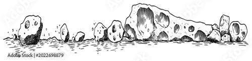 Photos Volcanic porous rocks and boulders with holes in vintage engraving style
