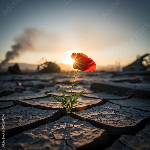 Red poppy blooms in cracked dry earth amidst industrial devastation at sunset