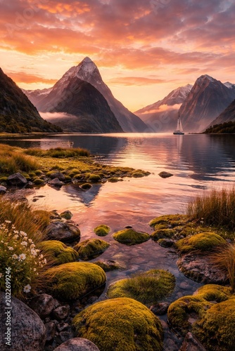 Milford Sound landscape at dramatic sunset