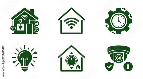 Fotografie Collection of green icons representing smart home technology, including security