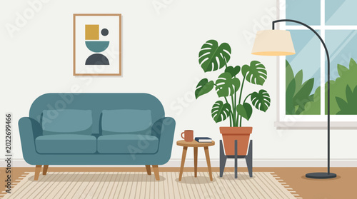 Blue sofa with wooden legs indoors.