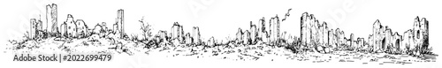 Foto Ruined city skyline with destroyed buildings and debris in detailed sketch style
