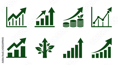 Fotografie Collection of green growth and progress icons depicting charts, plants, and fina