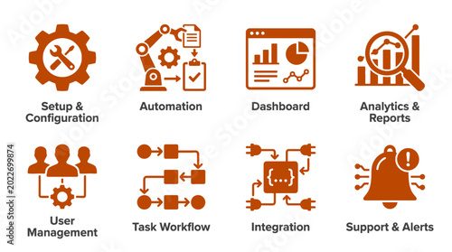 Foto Set of eight orange flat business management and software development icons