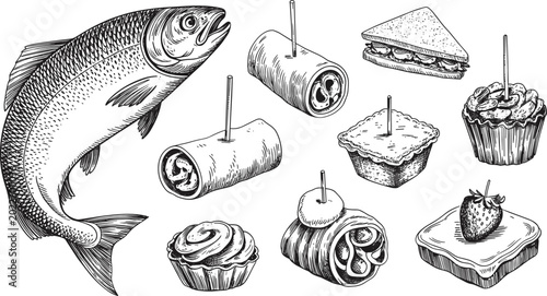 Obraz na płótnie Vintage Hand Drawn Vector Set of Salmon Fish and Gourmet Canape Appetizers in De