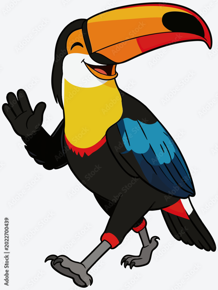 Fototapeta premium A flat cartoon illustration of a toco toucan, smiling and waving while walking, with distinctive colorful beak and plumage.