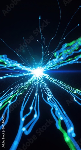 Abstract digital art of energy burst with light and lines.