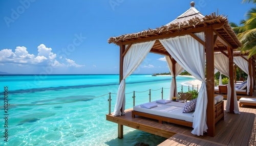 A serene tropical setting with a beachfront resort featuring overwater villas