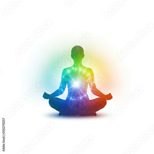 Meditating silhouette with colorful aura and energy, spiritual practice.