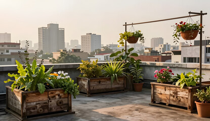 Rooftop garden terrace with wooden planter boxes and green plants in city urban environment.