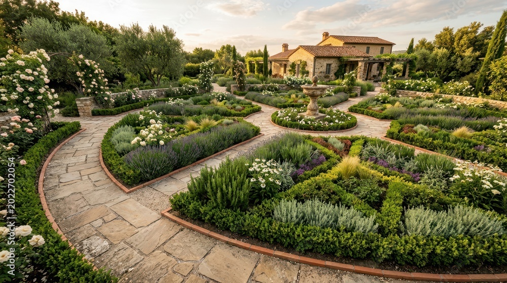 Fototapeta premium Tuscan villa garden with stone pathways and blooming roses in golden hour light
