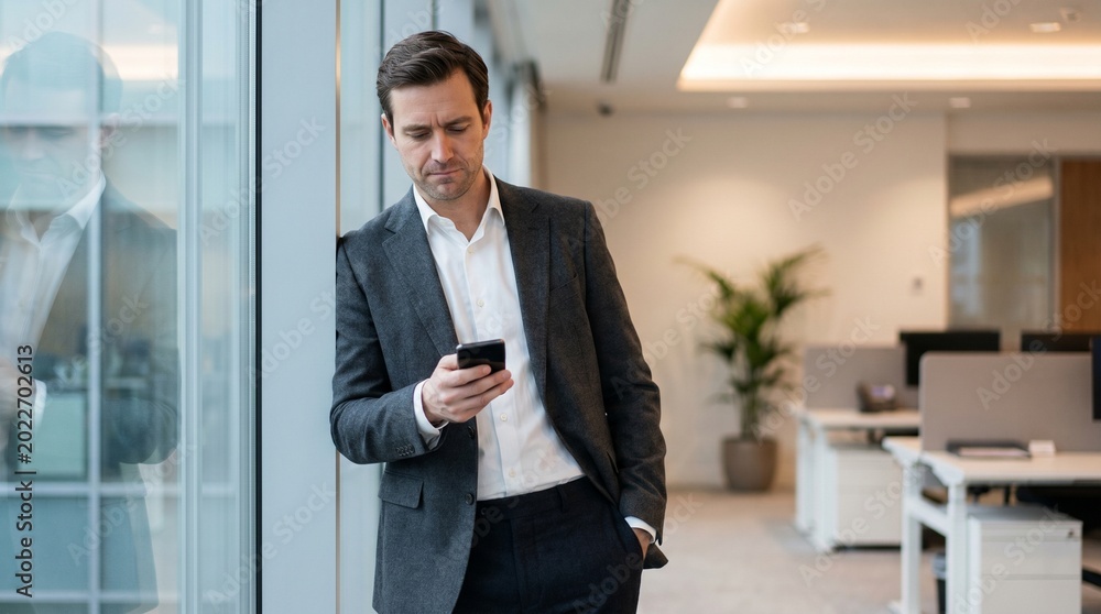 Fototapeta premium A businessman in a suit stands by a window in an office, looking at his smartphone.