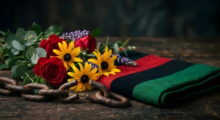 Symbolic Juneteenth Still Life with Broken Chains Pan African Fabric and Vibrant Memorial Flowers