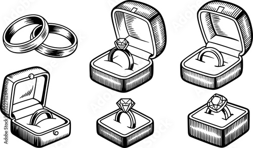 Vintage Wedding Ring and Diamond Engagement Rings in Velvet Gift Boxes Engraving Set for Marriage Proposal Bridal Boutique and Jewelry Store Graphics