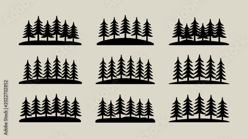 Foto nine black silhouette pine tree groupings against a neutral beige background