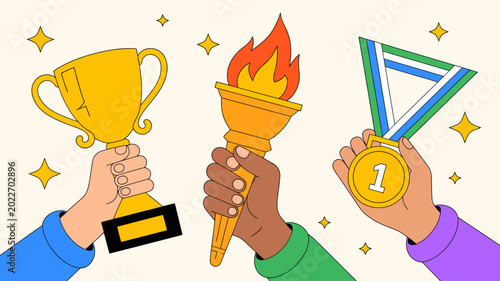 Slika na platnu hands holding a golden trophy torch with flames and first place medal colorful i