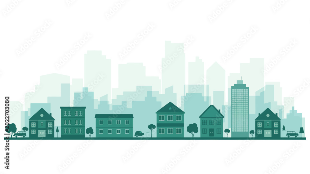Fototapeta premium stylized flat illustration of a city skyline with buildings and trees on a white background