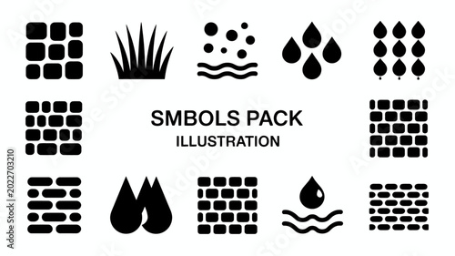 Tableau sur toile collection of black silhouette icons featuring dots water droplets grass and gri