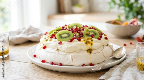 Delicious pavlova dessert topped with fresh kiwi, pomegranate, and passion fruit