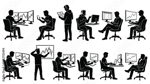 Bild auf Leinwand Set of silhouettes of stock market traders and financial analysts working on whi