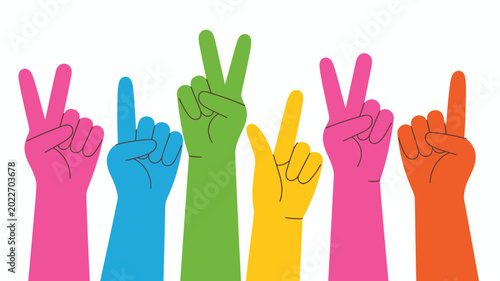 Colorful hands making peace signs flat illustration on a white background