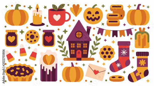 Bild auf Leinwand autumn and halloween themed vector illustration with pumpkins sweets and a cozy