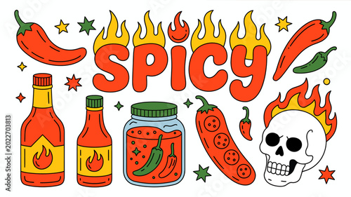 Canvastavla Colorful illustration of spicy peppers hot sauce bottles and a skull with flames